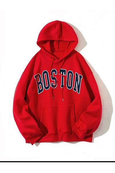Moda Glo Унисекс суичър с качулка в червен цвят, щампа Boston