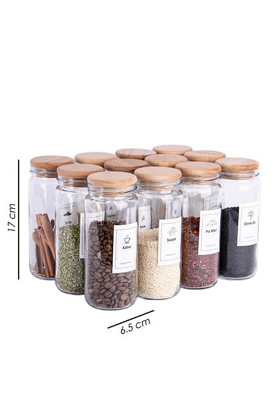 Lizzy 500 ml Jumbo Spice Pot Glass Jar - Set of 12 with Wooden Bamboo Vacuum Lid