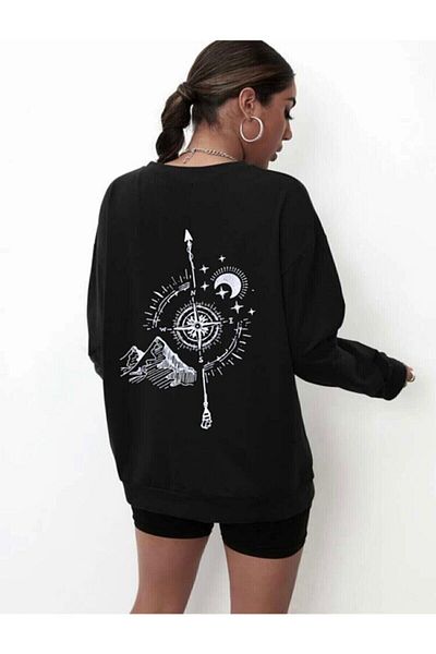 Moda Glo Hanorac oversize cu imprimeu busolă neagră pentru femei