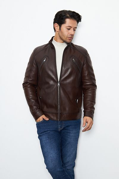 By Marki Marki Men's Brown Leather Jacket - Genuine Leather, Vintage Style, Zippered, Prevailing Collar