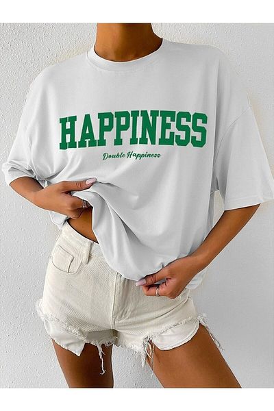 Moda Glo Γυναικείο μπλουζάκι με στάμπα τύπου Happiness Oversize