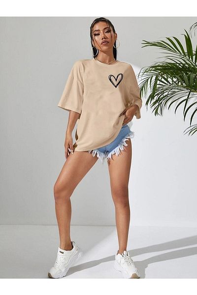 Moda Glo Μπλουζάκι Minimal Heart Printed ανοιχτό καφέ Oversize