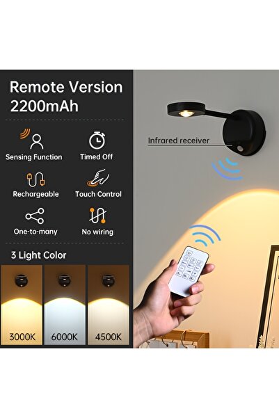 Choice كشاف أسود قابل لإعادة الشحن مع جهاز تحكم عن بعد، قطعة واحدة، لا يحتاج إلى أسلاك أو ثقب أو تركيب، لاسلكي، مناسب للخلفيات المنزلية