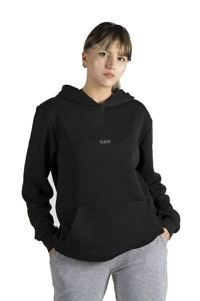 Moda Glo Hanorac unisex negru cu glugă cu glugă, imprimat în față, cu trei fire groase