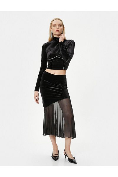 Koton Crop Velvet T-Shirt with Shiny Stones μακρυμάνικο ψηλό γιακά - Handmade Collection
