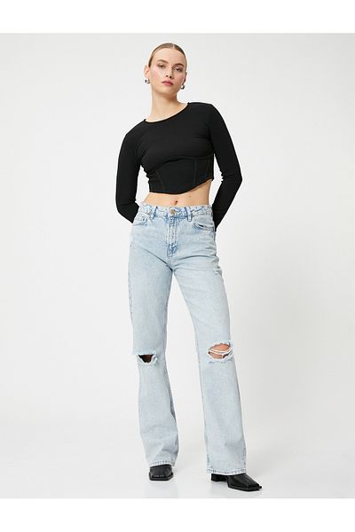 Koton Corset Detailed Crop T-Shirt Long Sleeve