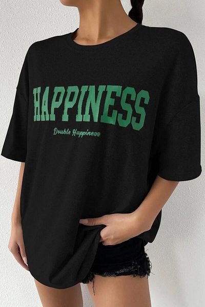 Moda Glo Tricou negru oversize cu imprimeu Hapiness pentru femei