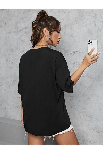 Moda Glo Tricou oversize cu imprimeu negru pentru femei