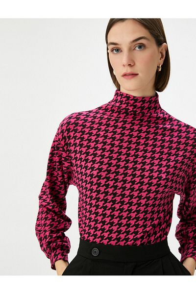 Koton Houndstooth Patterned Stand Collar Sweater