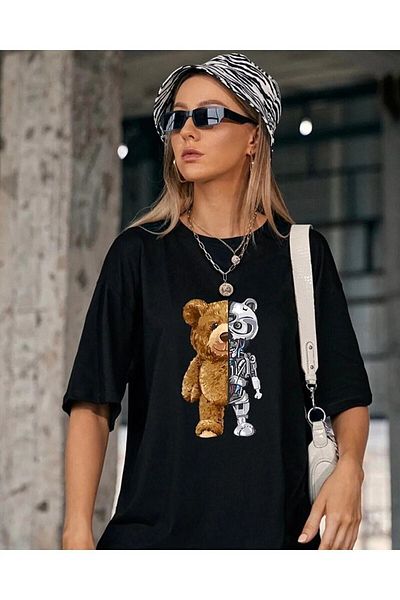Moda Glo Zokawear Deluxe Oversize Unisex Robotic T-Shirt Black Bear