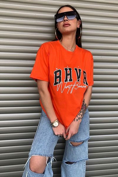 Moda Glo Women's Bhvr Orange Oversize Printed T-shirt