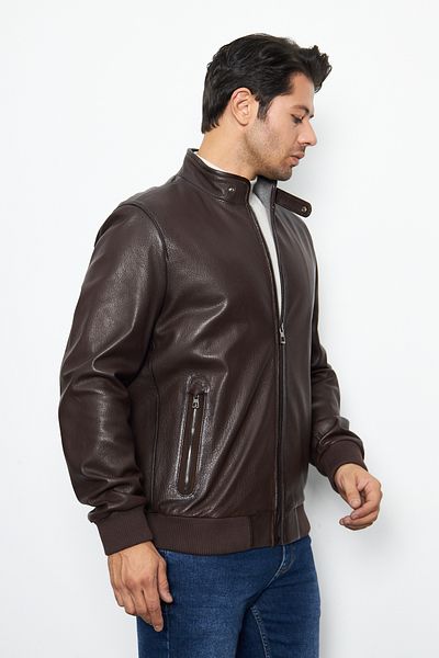 By Marki Marki Men's Brown Genuine Leather Jacket - Zippered, Vintage Style, Prevailing Collar