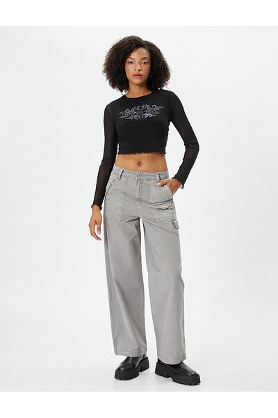 Koton Oversize Parachute Trousers with Faded Effect Pockets Cotton Legs with Elastic Stoppers