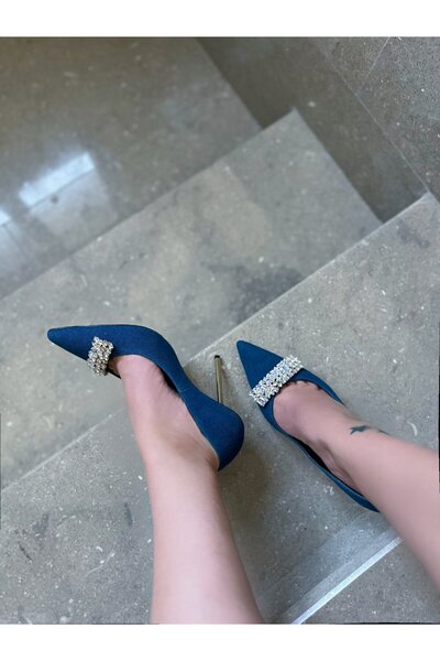 EVASAMLİSHOESBAG Taşlı Tokalı Topuklu Ayakkabı Mavi