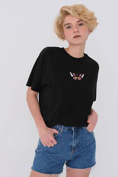 Moda Glo Tricou oversize din bumbac, negru, cu imprimeu fluture, cu decolteu triplu