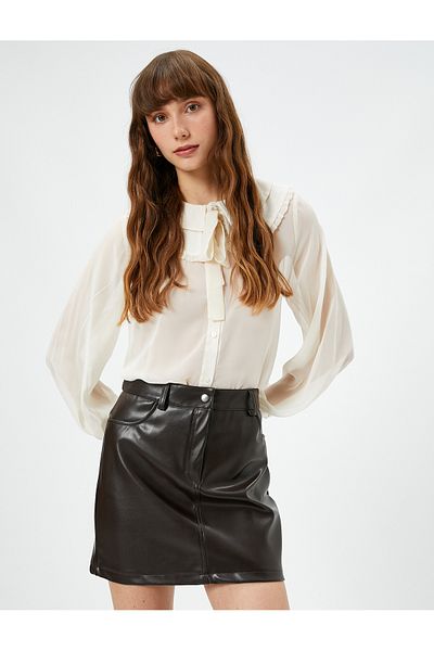 Koton Chiffon Peter Pan Collar Shirt Ribbon Detailed Ruffle Long Sleeve