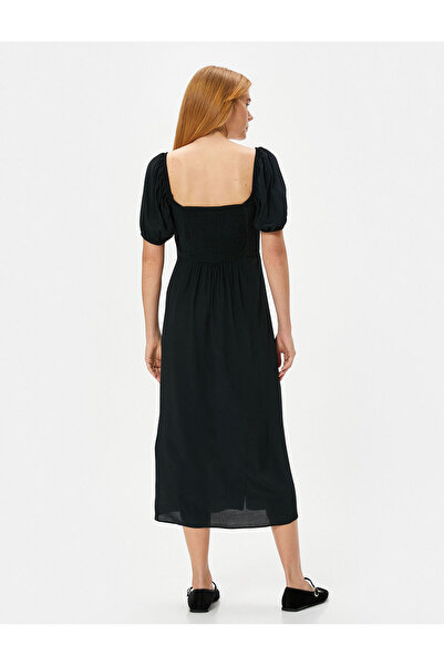 Koton Midi Elbise Balon Kol Yırtmaçlı Kalp Yaka Viskon