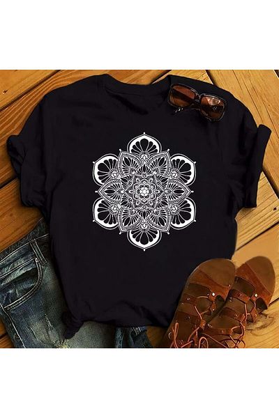 Moda Glo White Flower Shaped Printed Women's Oversize Black T-Shirt