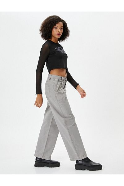 Koton Oversize Parachute Trousers with Faded Effect Pockets Cotton Legs with Elastic Stoppers