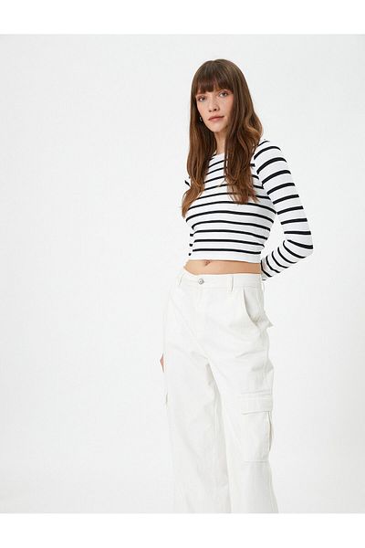 Koton Tricou crop cu mânecă lungă, cu gât crew, slim fit