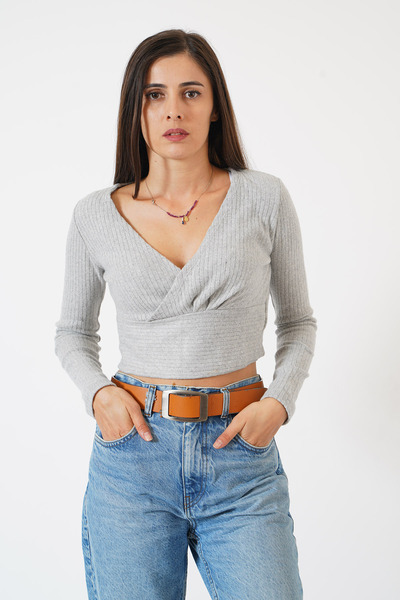 Pafi Moda Siva Zeta ženska bluza dugih rukava Kruvaze izrez Rebrasta pletenina