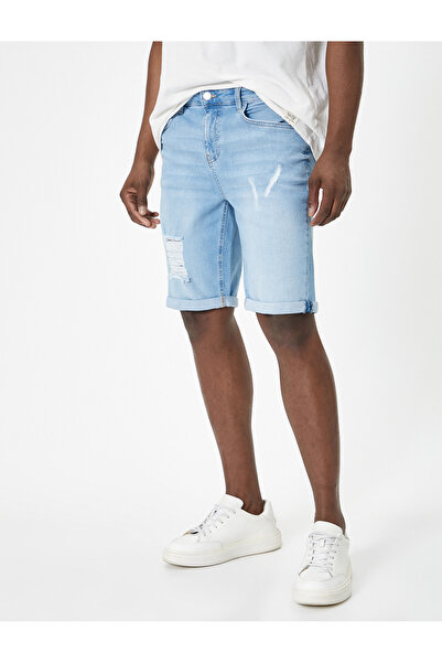 Koton Yırtık Kot Şort Slim Fit Katlama Detaylı Düğmeli Cepli