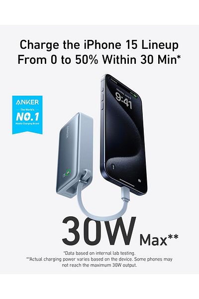 Anker Nano Power Bank with Built-in USB-C Cable, 10000mAh, 30W, bLUE