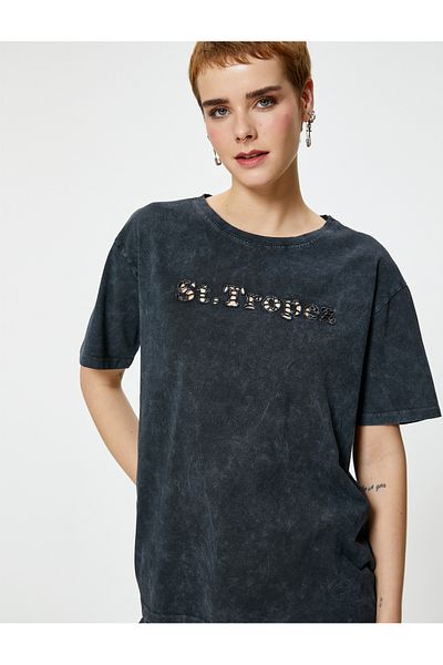 Koton St. Tropez T-Shirt with Window Detail Pale Effect Short Sleeve Crew Neck Cotton