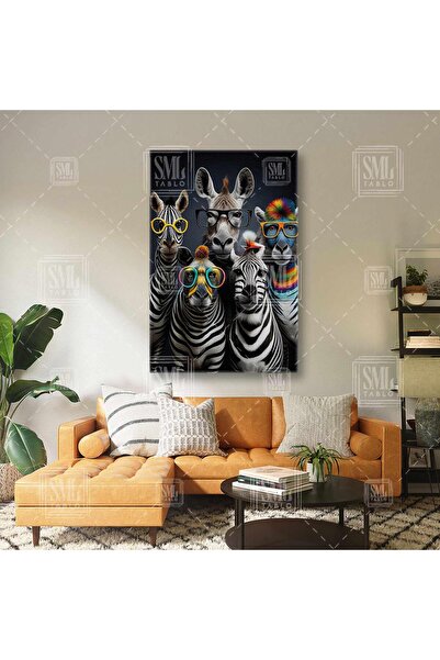 SML TABLO Komik Gözlüklü Poz Veren Zebralar Komik Hayvanlar Dikey Kanvas Tablo