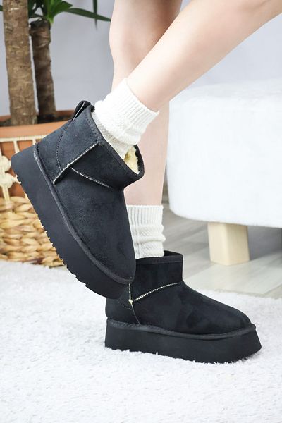 asmi shoes Women's Pavro Black Suede Sheepskin Thick Sole (4.5 cm) Mini Short Boots