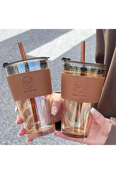 Choice1 450 مل شوكولاتة 450 مل كوب زجاجي من الخيزران عالي الجمال مع ماصّة صيف...