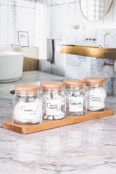 Karçiçeği Home 4-Piece Vacuumed Bamboo Lid Glass Jar with Wooden Stand Bathroom Cotton Jar Set 300 ml