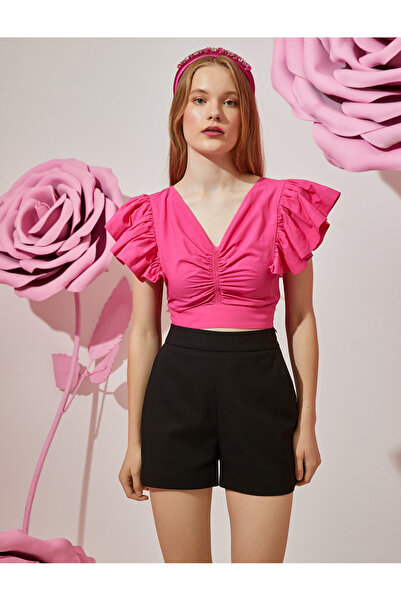 Koton Draped Flounced Bow Detailed Crop Poplin Blouse