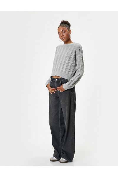Koton Frayed Knitted Textured Oversize Knitwear Sweater
