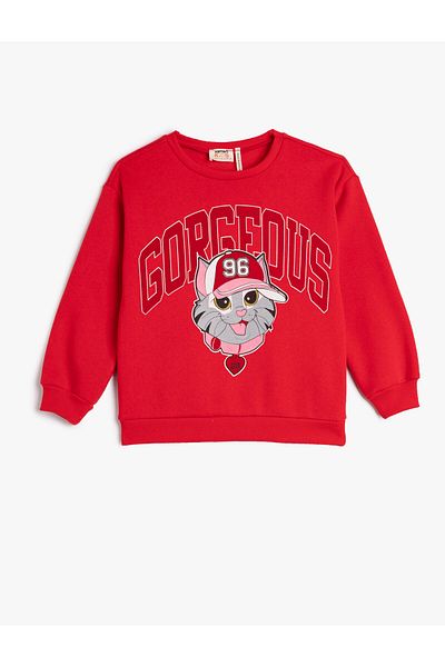 Koton Crew Neck Cat Printed Raised Sweatshirt