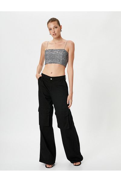 Koton Crop-Top mit Pailletten, dünnen Trägern und quadratischem Ausschnitt