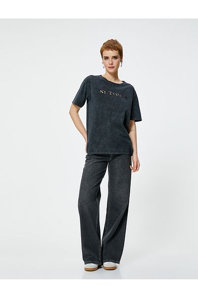 Koton St. Tropez T-Shirt with Window Detail Pale Effect Short Sleeve Crew Neck Cotton