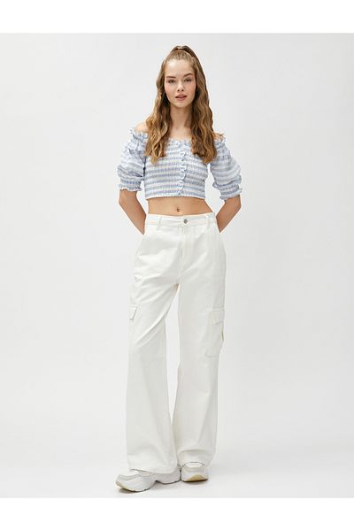 Koton Crop Μπλούζα Off Shoulder Ruffle Μπαλόνι μανίκι Gipelli