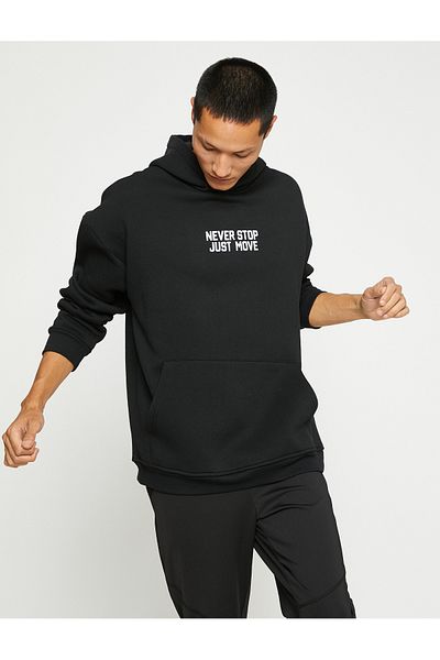 Koton Raised Hooded Sweatshirt Slogan Printed Pocket Detailed Long Sleeve