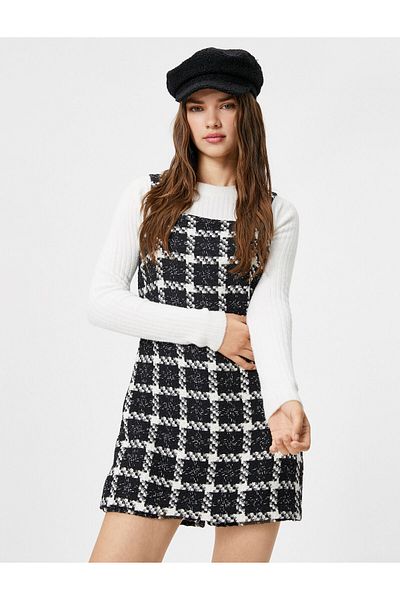 Koton Tweed Shorts Jumpsuit Front Double Breasted Thick Straps
