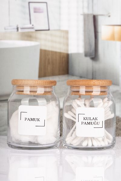 Lizzy Wooden Vacuum Cotton Jar with Bamboo Lid and Glass Set of 2