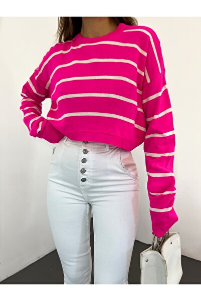 Modamorfo Dünn gestreifter Crop-Strickpullover