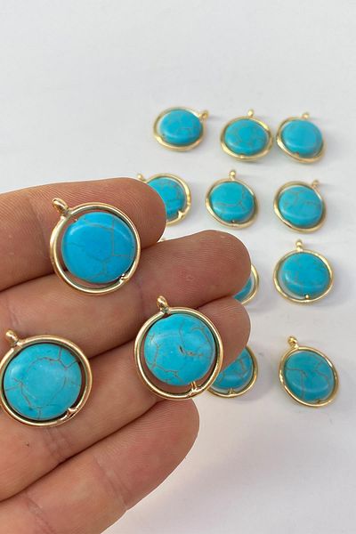 Hayalperest boncuk Blue Turquoise Oval Natural Stone Gold Detailed Necklace