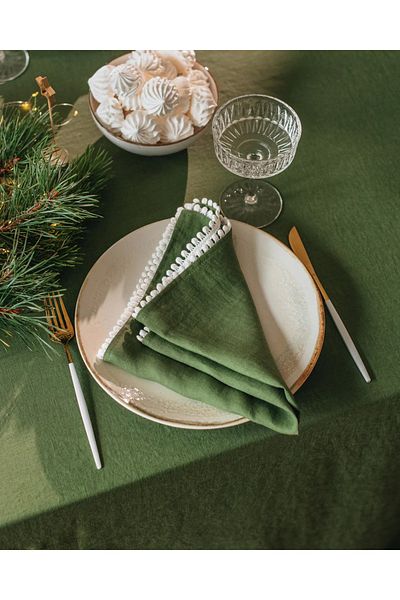 Wellstil Cristal |   Set 6 Servetele Kaki Pompon Tematice Anul Nou 38 X 38 Cm
