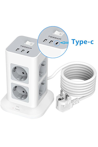 Choice EU Plug White 2U1C TESSAN Tower Power Strip Multiple Sockets with USB Ports Type C Vertical Electric