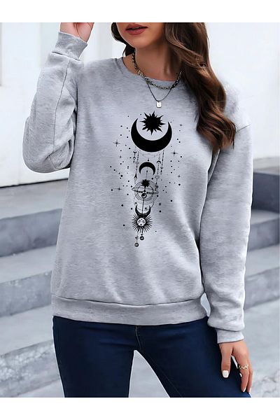 BEETON Γκρι Oversize Φούτερ Moon Sun - Crew Neck Printed