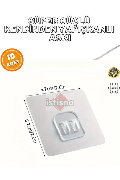 İstisna 10 Adet Süper Güçlü Şeffaf Çerçeve Askısı Lekesiz Duvar Yapışkanı Mut...