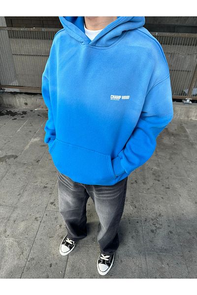 No362 'Champ Mood' Printed Oversize Blue Hooded Hoodie Sweatshirt