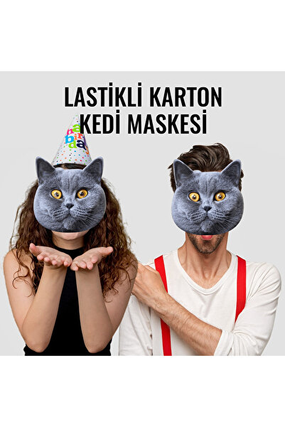 heryerehediye Lastkli Karton Kedi Maskesi, Kalın Kuşe Baskı (5 Adet)