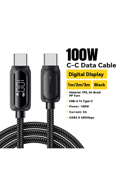 essager كابل USB من النوع C إلى النوع C أسود بطول 2 متر وقوة 100 واط، يدعم الشحن السريع PD بقوة 5 أمبير، متوافق مع أجهزة ماك.